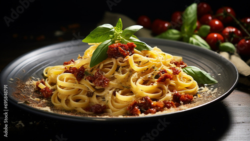 Italian pasta with sun dried tomatoes and basil