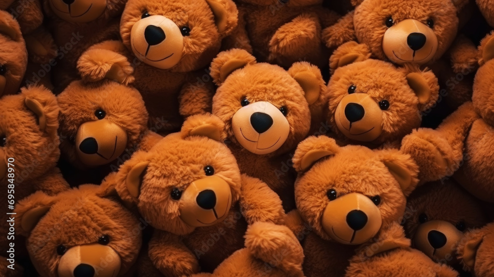 Teddy bears background. A lot of brown soft toys. Generative AI