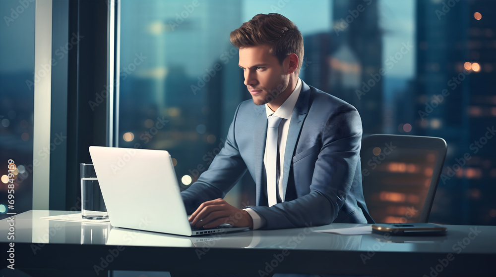 A handsome young businessman wearing an elegant suit, sitting at a table or desk in a modern office interior, working overtime at night on his laptop computer device. Corporate worker using technology A handsome young businessman wearing an elegant suit, sitting at a table or desk in a modern office interior, working overtime at night on his laptop computer device. Corporate worker using technology