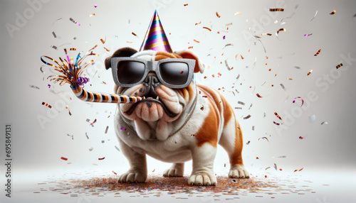 Party animal concept. English Bulldog at party wearing party hat and striped horn. Funny bullgog celebrating party birthday or carnival wearing party hat. photo