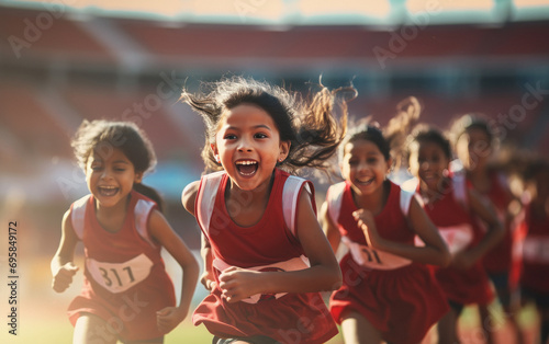 happy indian kids running at sports stadium