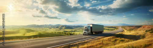 Panoramic view on large truck on a highway road through the countryside in a beautiful sunrise. Generative AI