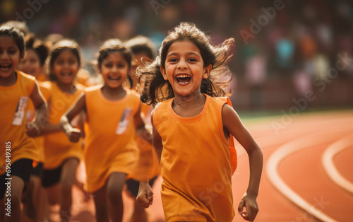 happy indian kids running at sports stadium