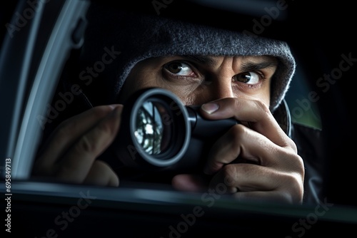 This compelling photo captures a private investigator in action, diligently conducting background research on an individual. The image showcases the investigator utilizing various resources photo