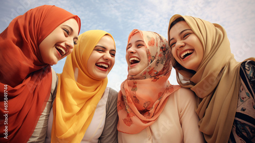 Happy Muslim woman enjoying moments with friends.
