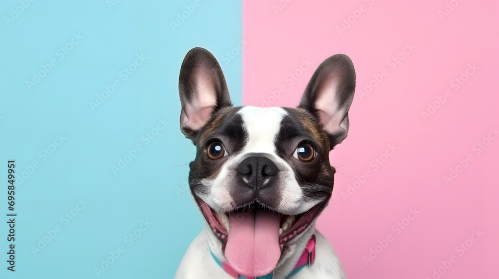 Happy French Bulldog with Tongue Out on Pastel Blue and Pink Background