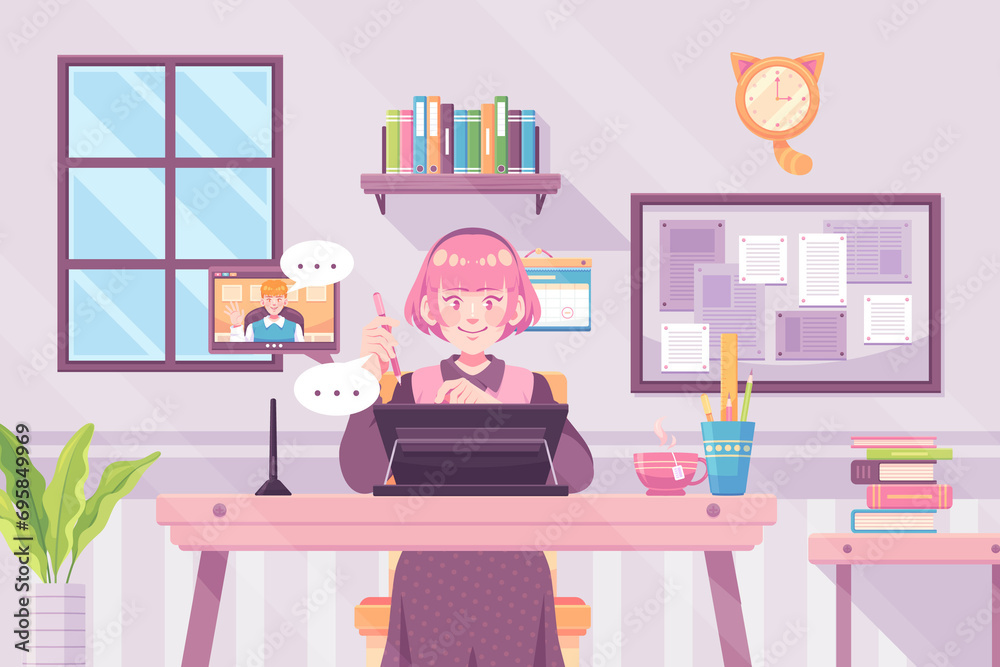 Fototapeta premium Teleworking illustration background with a woman working at home on a laptop