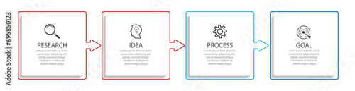 simple infographic design with six parts or steps, interconnected square shapes with thin colored lines, for flow diagrams, banners or your business presentation