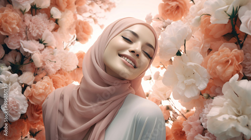 Muslim woman in hijab with beautiful flowers.