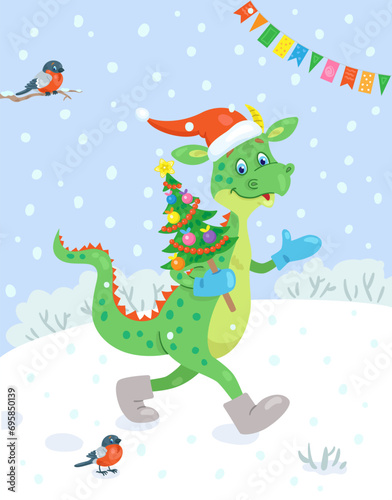 Happy New Year! Funny little dragon in felt boots walks through a winter meadow with a decorated Christmas tree in hands.  Card in cartoon style. Vector flat illustration. 