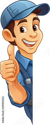 A painter, handyman, mechanic, plumber or other construction cartoon mascot man in overall dungarees. Giving a thumbs up.