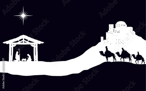 A Christmas nativity scene with baby Jesus in the manger, wise men and city of Bethlehem in the background