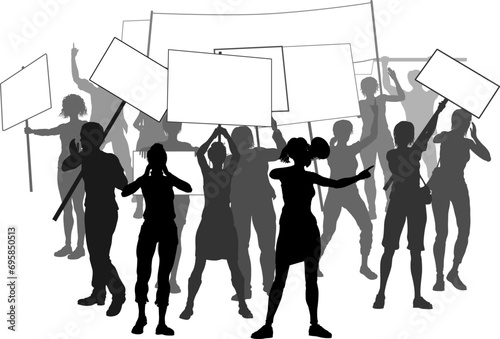 A silhouette crowd or group of people demonstrators at a protest, rally or strike with signs