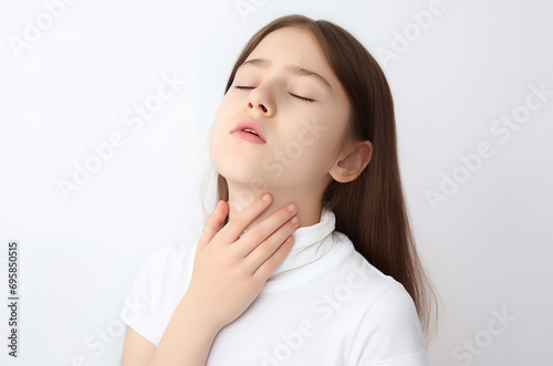 Sore throat, portrait of a young girl holding her throat, generative ai