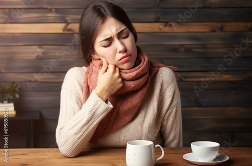 Sore throat, portrait of a woman in scarf holding her throat, generative ai