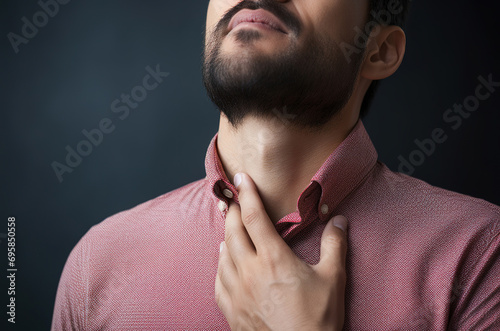 Sore throat, close up portrait of a man holding his throat, generative ai