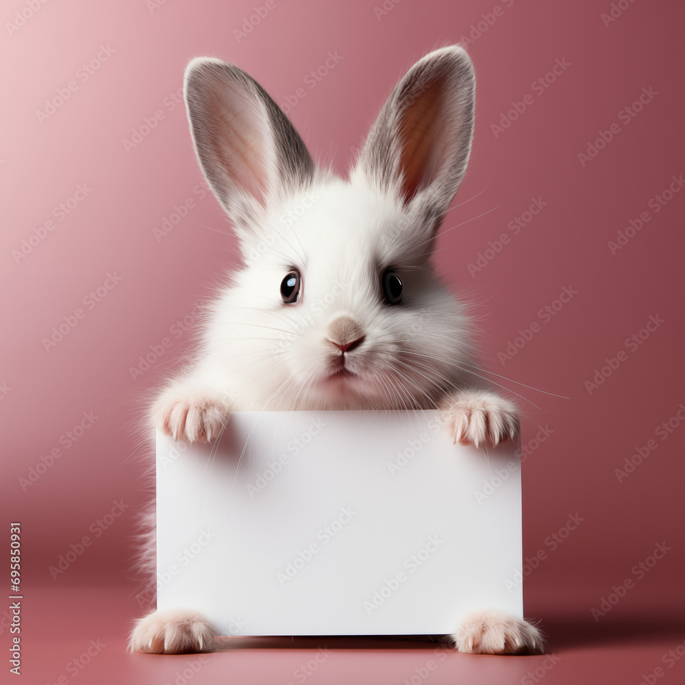 Obraz premium Süßer weißer Hase mit Werbebanner auf rosa Hintergrund als Poster, ai generativ