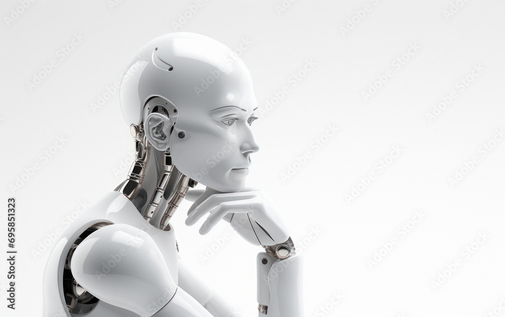 Naklejka premium humanoid robot thinking on white background