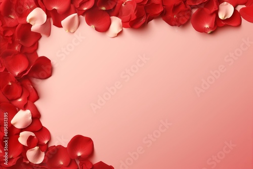 banner with red roses, miniature, pink background, space for text, symbol of Valentine's Day