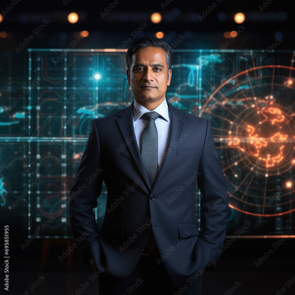 indian businessman standing with big data screen background indian businessman standing with big data screen background