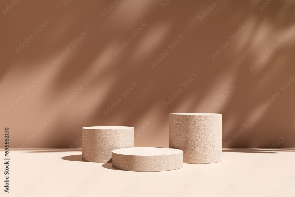 Light brown cylindrical stone shaped podium or platform mockup for product display. Light brown cylindrical stone shaped podium or platform mockup for product display.
