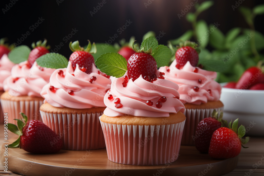 Strawberry cupcakes with mint leaf on wooden table in kitchen.