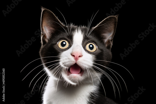 scared black and white kitten on a light background