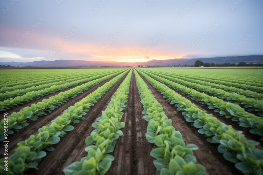 rows of crops with evening dew