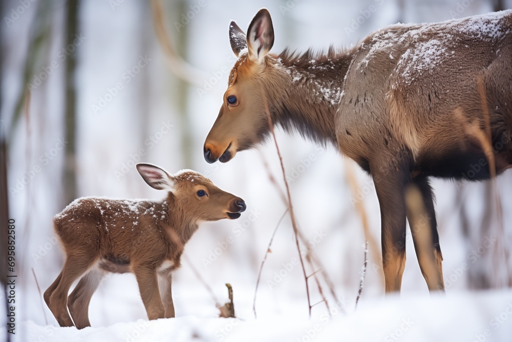 young moose calf following mother in snow young moose calf following mother in snow