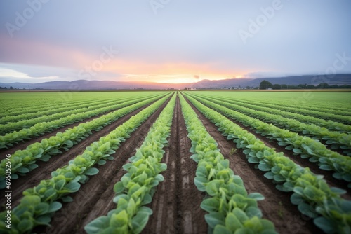 rows of crops with evening dew