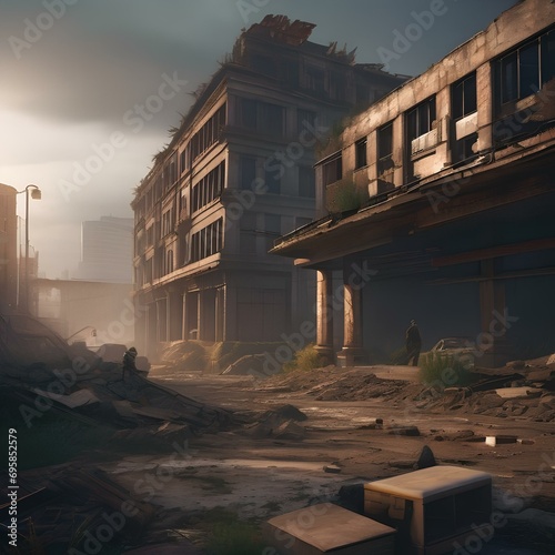 A post-apocalyptic cityscape where survivors scavenge among the ruins for resources1