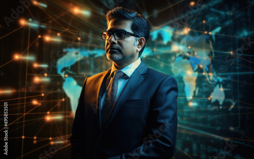 indian businessman standing with big data screen background