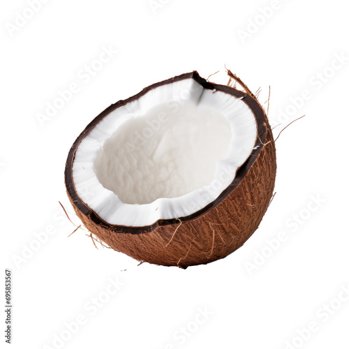 Opened coconut on transparent background. Design for organic shops, grocery shops and markets, food and cosmetic packaging. 