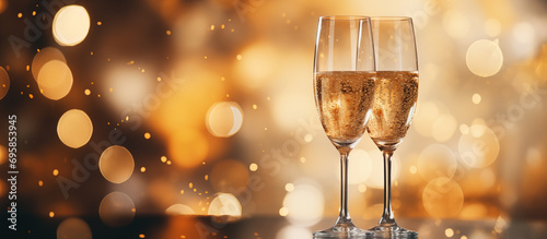 Champagne glasses on abstract golden background with bokeh