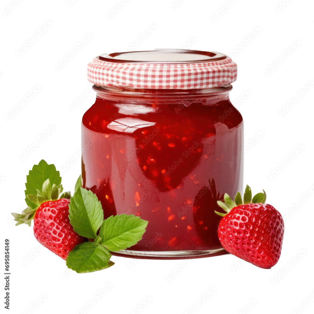 Jar with strawberry jam, fresh strawberries on background. Design for organic shops, grocery shops and markets. Transparent background. Jar with strawberry jam, fresh strawberries on background. Design for organic shops, grocery shops and markets. Transparent background.