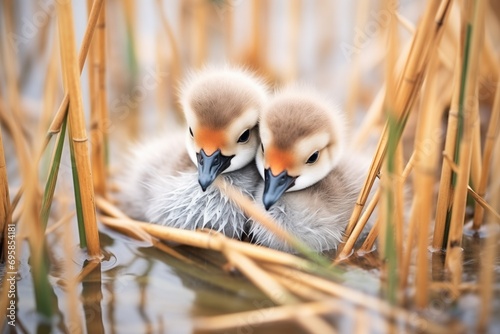 cygnets nestled in reeds at waterside photo