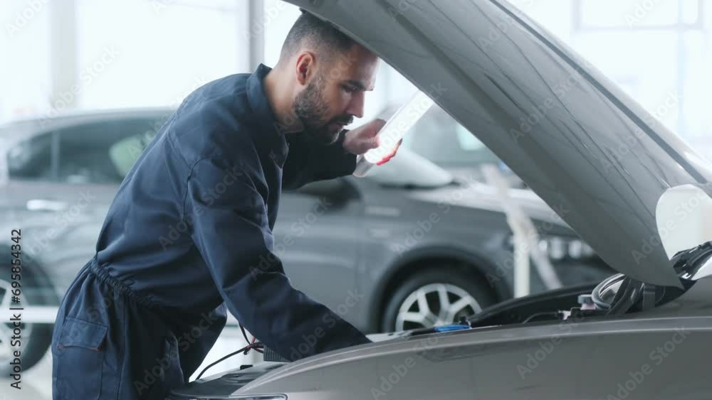 Automotive mechanic running diagnostics software on tablet. Young vehicle service manager worker work in mechanics garage, check and maintenance to repair the engine car in workshop. Automotive mechanic running diagnostics software on tablet. Young vehicle service manager worker work in mechanics garage, check and maintenance to repair the engine car in workshop.