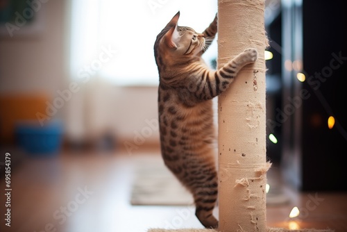 cat catching laser dot on scratching post