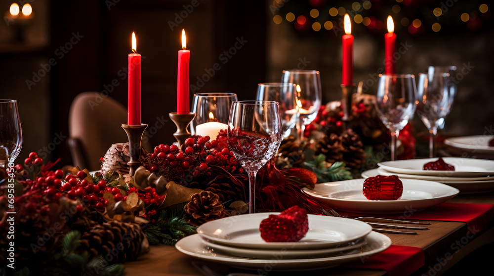 Festive Holiday Dinner Table Set with Red Candles Festive Holiday Dinner Table Set with Red Candles