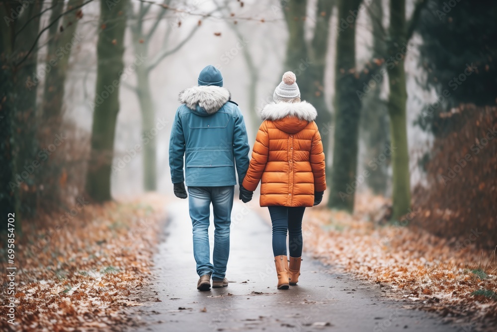 pair in matching jackets walking a wintery forest path pair in matching jackets walking a wintery forest path