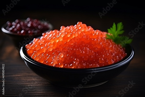 Salmon Red Caviar in a white plate on a dark background. Healthy Food Concept. Snack.Copy space for Text.Seafood
