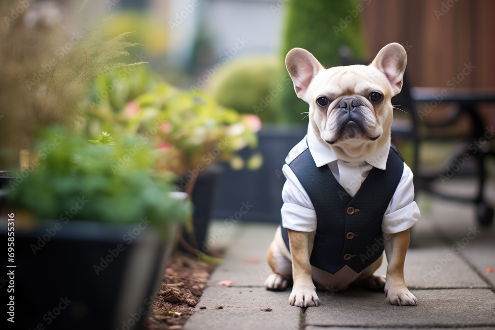 french bulldog in a tuxedo vest at a groomed garden lane