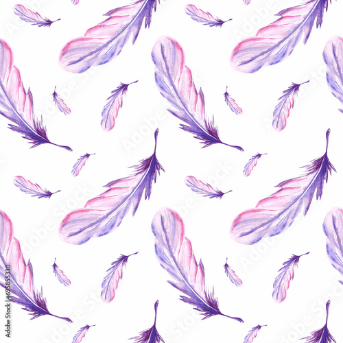 Feathers retro style seamless pattern. Watercolor background print of birds feathers. Template of hand drawn illustration for backdrops, making textile, printing packaging, wrapping paper and covers © Susie_p_art