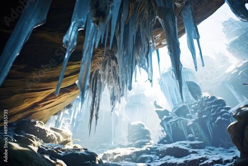 ice spears forming beneath a forest waterfall overhang © primopiano