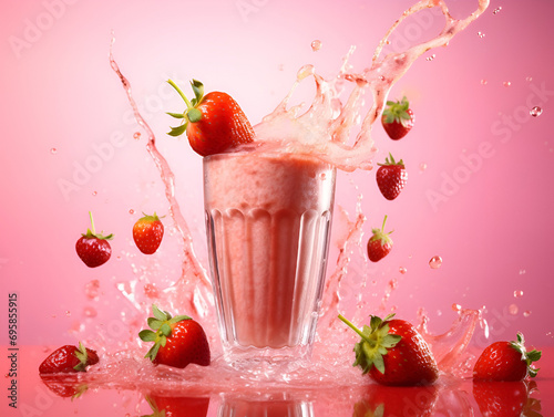 Healthy strawberry smoothie milkshake with splashes in glass with strawberries fruits on pink table