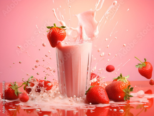 Healthy strawberry smoothie milkshake with splashes in glass with strawberries