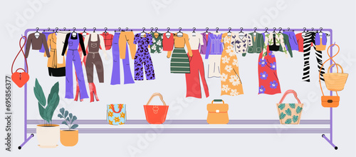 A large set of clothes hanging on a rack and hangers. Shop and sale. Second hand. Garment on hanger rail. Seasonal accessories. Women's wardrobe in flat style. Vector illustration. Trendy Store. 