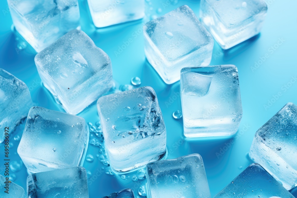 Aerial shot of cubes, ice, and drips isolated on a blue background. Generative AI Aerial shot of cubes, ice, and drips isolated on a blue background. Generative AI