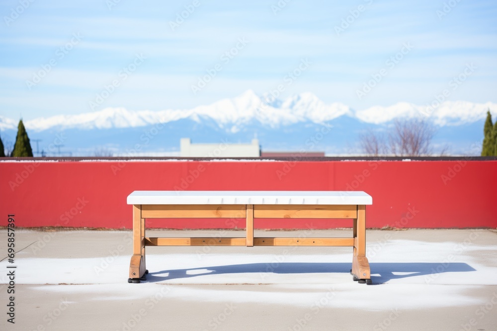Obraz premium single bench with snow capped mountains backdrop