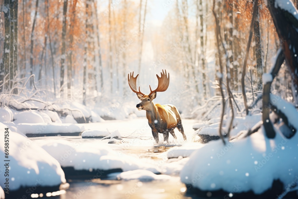 moose wading through snowy forest moose wading through snowy forest